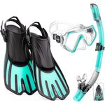 CAPAS Snorkel Mask Fins Set, Travel Size Snorkeling Gear for Adults with Short Adjustable Swim Fins, High Resistant Scuba Diving Mask and Dry Top Snorkel, Come with a Carrying Bag (Green-Black, S-M)