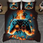 Cyusri Video Game Queen Size Comforter Set for Boys Kids Teens Gamepad Gaming Controller and Fire Pattern Bedding Set- 3 Piece Quilt with 2 Pillowcases (90"x90")