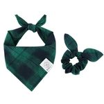 E-Clover Dog Bandanas Boy & Matching Scrunchie Set Plaid Dog Bibs Scarf Triangle Kerchief Bandana for Medium Large Dogs Birthday Gifts Pet Owner Mom Green