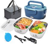 Electric Lunch Box Food Heater with Dual 1.5L Containers, 80W Leakproof Portable Heated Lunch Box for Adults Truck Work, 12V/24V/110V Heating Lunch Box with SS Fork Spoon, Sauce Box and Insulated Bag