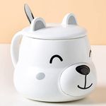 BonZeal 3D Ceramic Birthday Gift Item White Dog Mug with Lid Spoon Pack of 1 350 ml