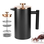 MaxMiuly Large Cafetiere 1.5L/50 OZ Stainless Steel French Press Insulated Coffee Press, Double Wall Keep Hot Coffee & Tea Maker,Bonus with 2 Coffee Filter Screens-Black(1500ml)