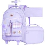 3PCS Girls Rolling Backpack, Women Roller Bookbag with Lunch Box for Adults, Water Resistant Wheeled School Bag for College Teens Kids Travel - Purple