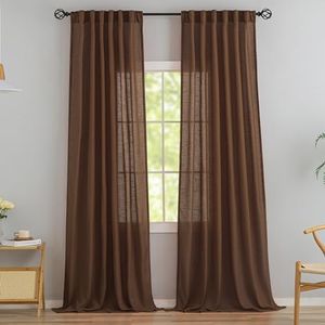Brown Linen Back Tab Curtains 96 Inches Long 2 Panels Set for Modern Farmhouse - Hooks Belt Pleated Easy Sliding Semi Privacy Thick Decorative Drapes Rod Pocket Light Filtering Curtains Chocolate