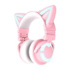 YOWU RGB Cat Ear Headphone 3S Wireless 5.0 Foldable Gaming Headset with Built-in Mic & Customizable Lighting and Effect via APP, Type-C Charging Audio Cable, for PC Laptop Mac Smartphone (Pink)
