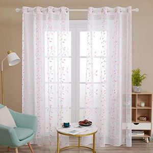 Deconovo Juego de 2 Cortinas para habitación Infantil y niña, Transparente, Hoja de Bordado, 229 x 140 cm, Altura x Anchura, Color Rosa