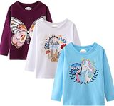 Girl Long Sleeve Shirts Christams Tops Tees Cotton Casual Stripe Crewneck Graphic Jersey Tunic T-Shirts 3 Packs Sets, 22lt02#purplebuttfly, 10 Years