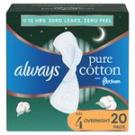 Always, Pure Cotton With FlexFoam Pads For Women, Size 4, Overnight Absorbency With Wings, 20 Count