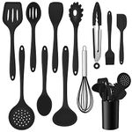 Onader Kitchen Utensil Set, 12 Piece Silicone Cooking Utensils with Holder, Heat Resistant Kitchen Tools Turner Spatula Spoon for Non-Stick Cookware, Easy Clean & Dishwasher Safe, Black