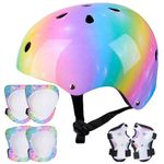 Kids Bike Helmet Age 3-8 Years,Kids Helmet and Pads Set Adjustable Knee Pads Elbow Pads Wrist Guards Toddler Helmet for Scooter Cycling Roller Skating Girls,Rainbow