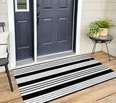 Front Door Rug 2'X4.3', Black/White Door Mats Outdoor Front Porch Rug Striped Entryway Rug Machine Washable Indoor/Outdoor Rugs Cotton Hand Woven Kitchen Rug for Entry/Doorway