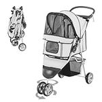 PawHut Deluxe 3 Wheels Pet Stroller Foldable Dog Cat Carrier Strolling Jogger with Brake, Canopy, Cup Holders and Bottom Storage Space (Grey)