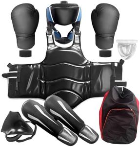 LQDMAER Taekwondo Boxing Sparring Gear Set, Karate Sparring Gear Set for Adults, Martial Arts Shin Guards/Chest Rib/Headgear/Mouthguards Guards Protective Gear Set (Black, L ( 67-74.8 inches))