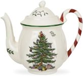 Spode Christmas Tree Candy Cane Teapot | Large Teapot with Lid for Hot Drinks, Tea, Coffee, Hot Chocolate, | Christmas Tree Design with Peppermint Handle | Made of Earthenware