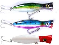 Fishing Lures Pack of 3 Large Top Water Poppers 4.75 in 1.5 Oz Artificial Seal Lure 3D Eyes with Hooks and Ring for Saltwater Offshore, Surf Fishing Striped Bass, Bluefish (GreenBlueRed Head)