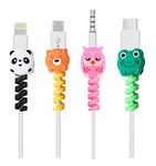 ONCRO® Pack of 4 cute cartoon cable protectors with creative animal face cover Spiral Charger USB Cable Protector silicon wire saver spring soft multicolor black pink green yellow panda lion owl frog