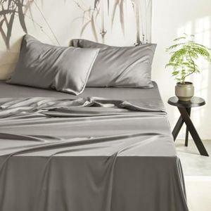 Wake In Cloud - 100% Bamboo Sheets, Ultra Soft Sheet Set Bedding for Hot Sleepers, Deep Pocket, 4 Pieces, Grey, King Size