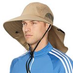 Wide Brim Sun Hat with Neck Flap, UPF50+ Hiking Safari Fishing Hat for Men Women Tan