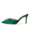 VETASTE Women's Rhinestone Mules Heels Closed Pointed Toe Stiletto High Heel Satin Wedding Party Dressy Shoes, Emerald, 7.5