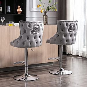 Wahson Juego de 2 Taburete Bar de Terciopelo con Respaldo y Reposapiés, Regulable en Altura,Taburete Sillas Altos con Diseño Único en Espaldo para Comedor/Isla Cocina/Salón (Gris)