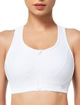 Yvette Zip Front Sports Bra High Impact Sports Bras for Women Plus Size Workout Fitness Bra, White, M+