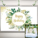 Greenery Happy Birthday Backdrop Kids Baby Shower Photo Party Background Gold Glitters Eucalyptus Green Leaves Decoration Banner Cake Table Dessert Table Supplies (7x5FT)