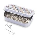 KnitIQ Strong Stainless Steel T-Pins for Blocking Knitting, Crochet & Sewing Projects | 150 Units, 1.5 Inch Pin Needles | Comes with Hinged Reusable Tin (Stitch Design)