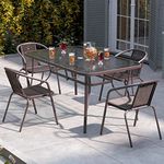 DKIEI Garden Furniture Sets Table & 4 Chairs Set 150cm Rectangle Garden Dining Table with Parasol Hole Garden Rattan Bistro Chair for Patio Balcony Backyard Brown