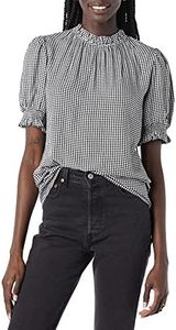 Amazon Essentials Women's Fluid Twill Short Puff Sleeve Smock Detail Shirt, Black Gingham, Medium