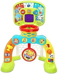 VTech - Centro de deportes Basket-Gol, Portería de fútbol, canasta de baloncesto y diana, disfruta jugando, efectos especiales y respuestas interactivas, incluye tres pelotas, marcador LED