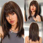 WOKESTAR Long Straight Wigs for Women with Fringe, Layered Synthetic Dark brown with Highlights Color Wigs for Women