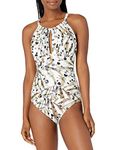 Kenneth Cole New York Women's High Neck Keyhole Cross Back Mio One Piece Swimsuit, Sand//Jungle Fever, X-Small