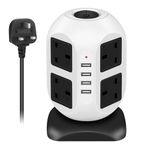 8Way Tower Power Strip with 4USB Ports, Vertical Extension Lead with Long Extension Cord and Switches, Compact Multiple Sockets Charging Station for Home/Office/Dorm