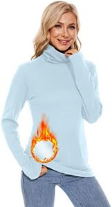 DYLH Fleece Lined Cotton Turtleneck Shirt Women Long Sleeve High Neck Thermal Shirts 1/2Packs, Light Blue-turtleneck, Medium