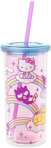 Silver Buffalo Hello Kitty Friends Rainbows and Clouds, Plastic Tall Cold Cup with Lid and Straw, 20 Ounces