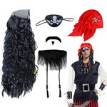 UILYNIU 4 Pcs Pirate Costume Set Captain Pirate Accessories Adult Child Pirate Wig Pirate Hat Pirate Beard Pirate Skull Eye Patch Pirate Costume Adult Men for Halloween Carnival Cosplay Party (4 Pcs)