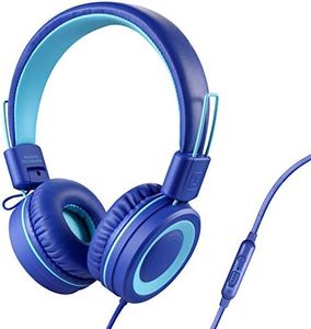 POWMEE P10 Kids Headphones with Microphone Stereo Headphones for Children Boys Girls,Adjustable 85dB/94dB Volume Control Foldable On-Ear Headphone with Microphone for School/PC/Cellphone(Blue)