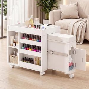 HolaiNail Pedicure Trolley Cart with Foot Rest, Extendable Mobile Pedicure Station Foot Stool Stand with Adjustable Shelves, Storage Cabinet & Wheels for Nail Tech Beauty Salon Spa & Home, 33.4" L