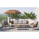 DEVOKO Outdoor 4 Piece Rope Conversation Sofa Set with Three-Seater Sofa, Two Armchairs, and Wood Top Coffee Table for Garden, Deck, Poolside, Terrace (Beige and Grey)