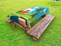 Lunarable Happy Camper Outdoor Tablecloth, Cartoon Fishing Trip Scene Caravan Boat Pit Camping Table Laundry Line, Decorative Washable Picnic Table Cloth, 58" X 84", Green Blue