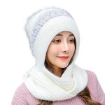 Richmen Women's Knitted Hat Winter Plush Velvet Warm Woolen Cap Neck Scarf | Twist Color Fuzzy Slouchy Beanie Monkey Cap with Muffler for Ski Hiking Outdoor Girls & Ladies (White)