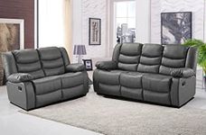 GSW - Sofa - Roma Leather Recliner Sofa With Cupholders - Black and Grey Color (3+2 Seater, 3 Seater, 2 Seater) (3+2 Seater, Grey)