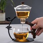 Lazy Kungfu Drip TeaPot, Heat Resistant Tea Set, Semi-Automatic Glass Teapot Suit for Magnetic Water Flow Wooden Glass Teapot Set (Metal handle+glass body)