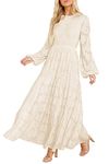 MITILLY Women's Elegant Floral Long Sleeve Round Neck Smocked A-Line Flowy Tiered Maxi Dress with Pockets, Beige, X-Large