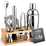 Cocktail Making Set, Cocktail Shaker Set 750ml Stainless Steel Bar Tool Set Bartender Kit with Bamboo Display Stand for Home & Bar