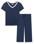 Amorbella Moisture Wicking Pyjamas/PJs Set Women Bamboo Jersey Short Sleeve 3/4 Length Capri Pants V-neck Cool Sleepwear (Navy Blue, XXL)