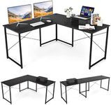 Tangkula L-Shaped Computer Desk w/Monitor Stand, Reversible Corner Study Writing Desk w/ 3 Cable Holes, 2-Person Long Workstation, Home Office Laptop Desk (Black)