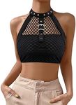 jascaela Women's Sexy Fishnet Choker Buckle Halter Crop Tank Top Backless Punk Cami Bandeau Clubwear for Rave Party, Dark Black, Medium