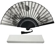 FANSOF.FANS Ink Art Handheld Folding Fan with a Handcrafted Box Fabric Pouch for Women Girls Black and White with Silver Touch Up Durable Folding Fabric Hand Fan (Dragonflies)