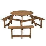 COSTWAY 6 Seater Wooden Picnic Table and Bench, Round Outdoor Dining Table Set with 3 Built-in Benches and Umbrella Hole, Picnic Patio Garden Furniture